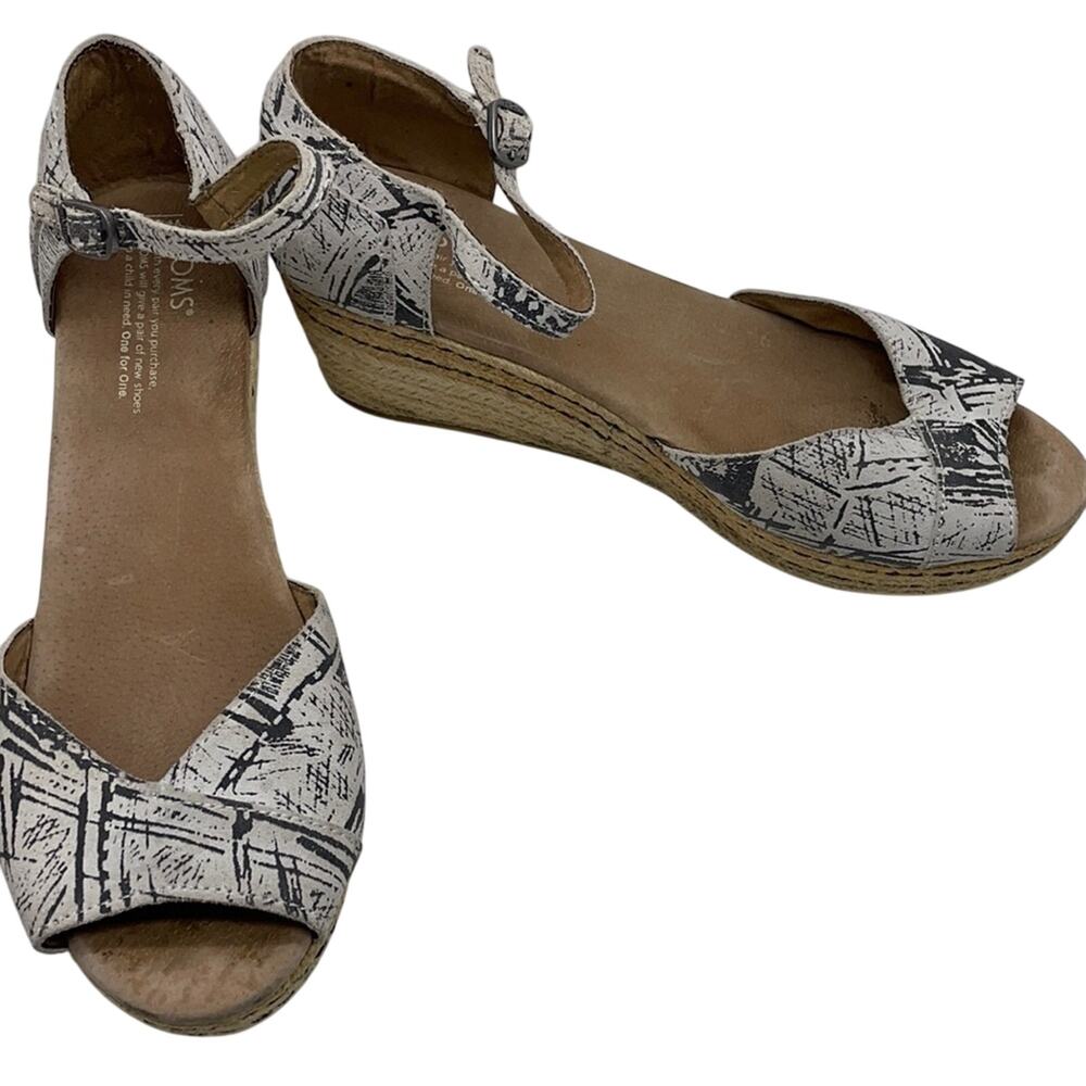 Toms Platform Wedge Espadrille Sandals Peep Toe White Gray SZ 9.5